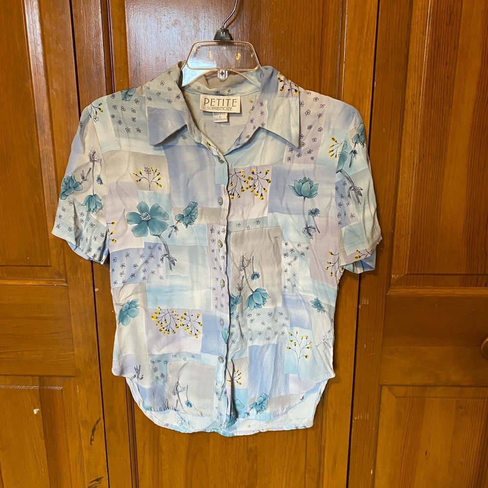Blue Patchwork Pattern Floral Blouse - Picture 3 of 5